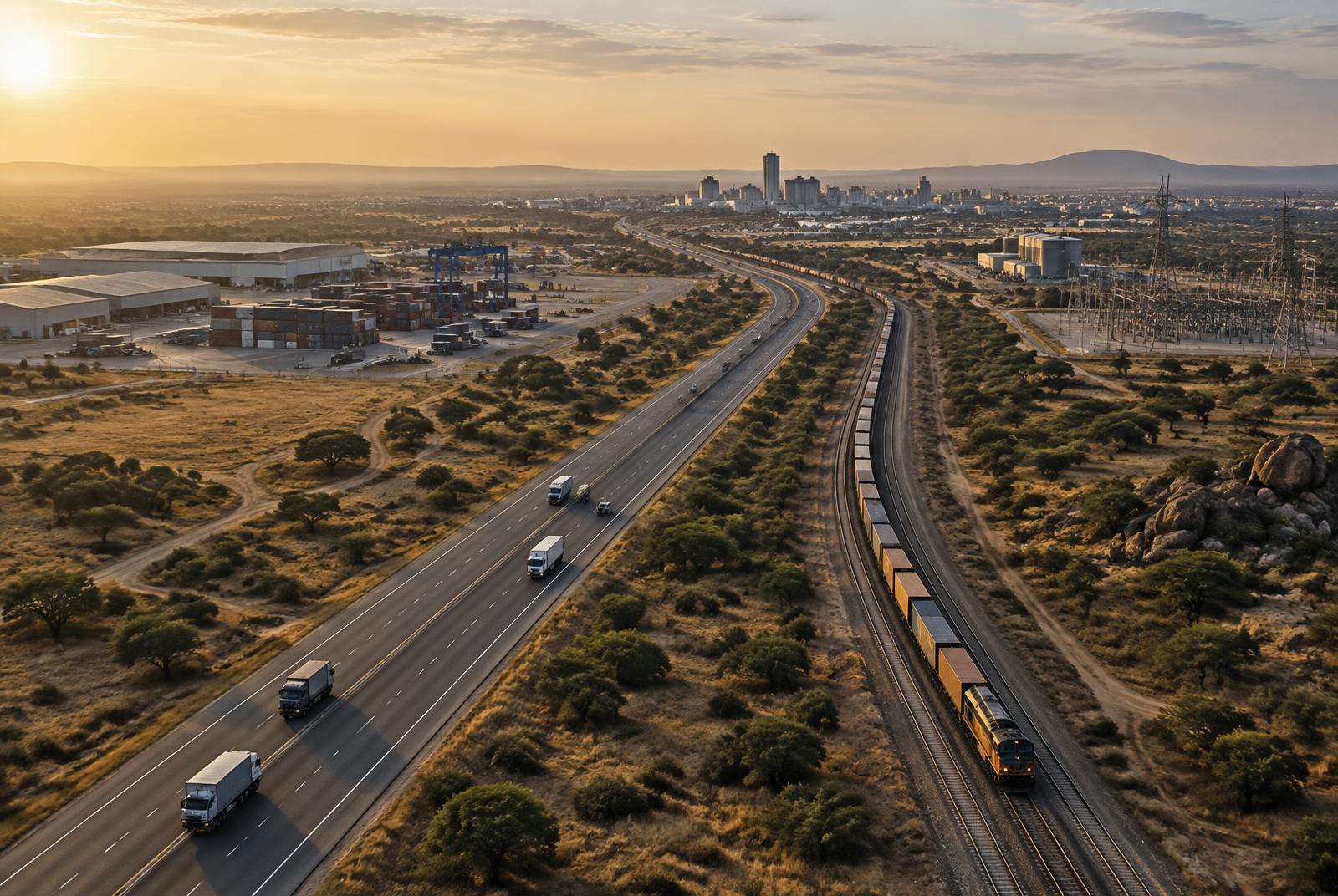 African road and rail corridor connecting logistics parks, power infrastructure and market centres