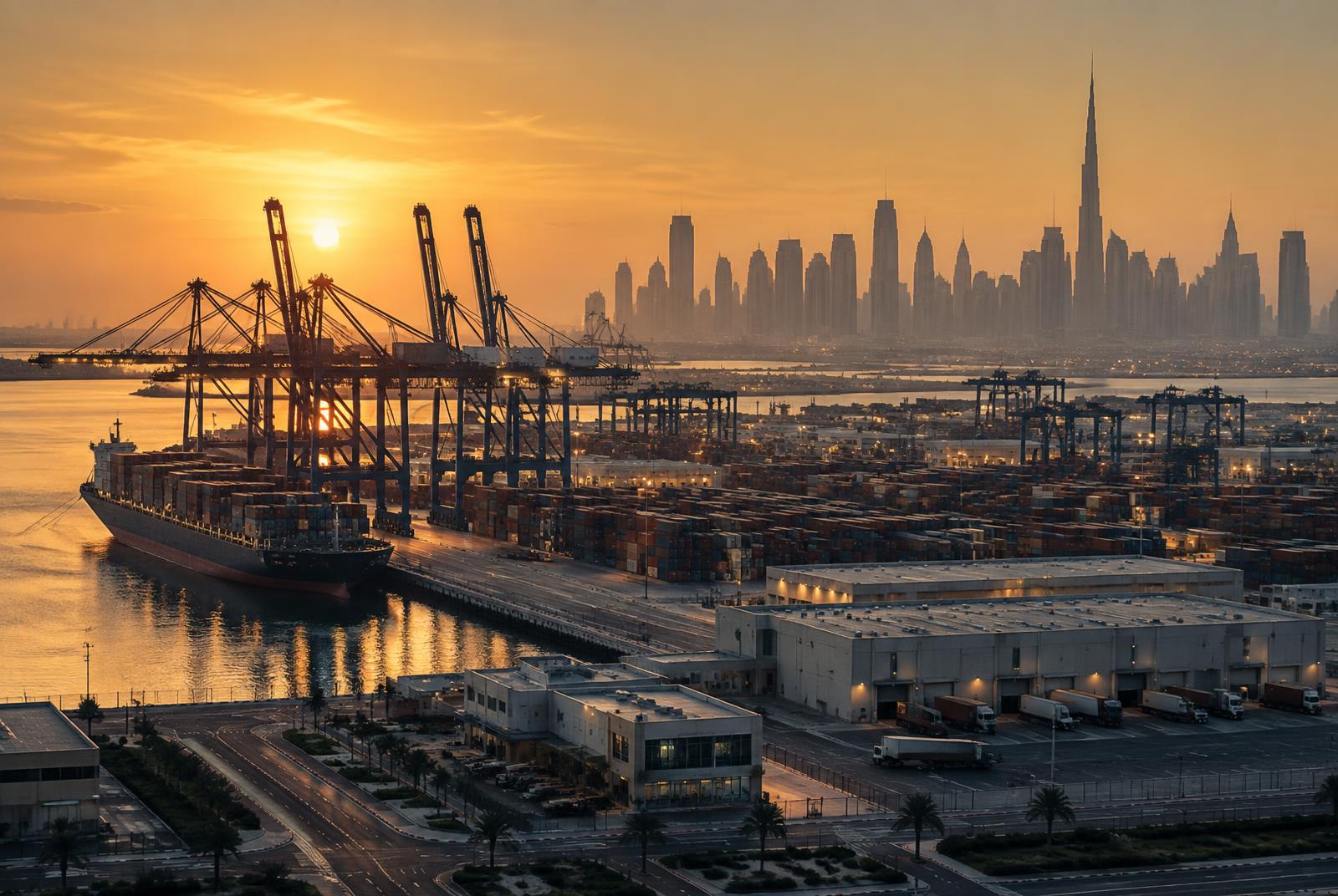 UAE container terminal, logistics warehouses and skyline as a GCC commercial gateway